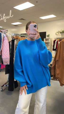 Blue Side Slit Oversized Sweater