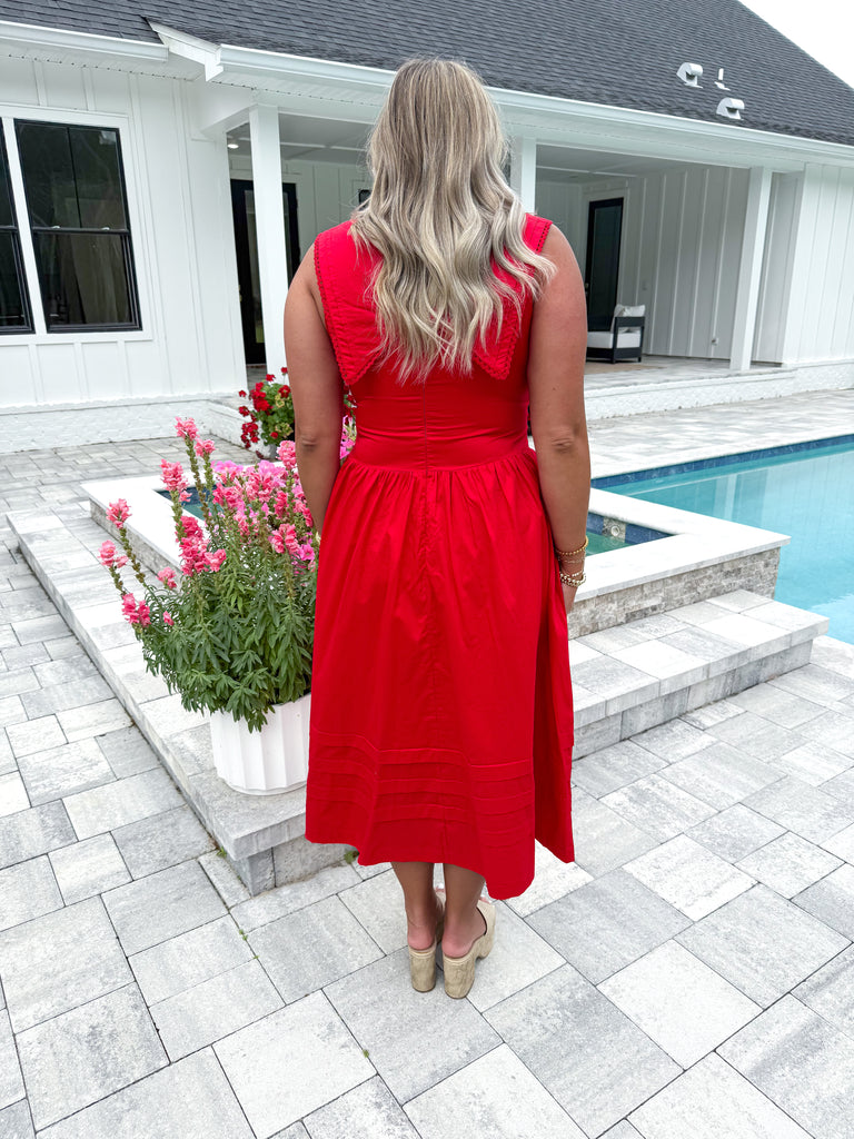 collared red dress Red Button-Front Collared Midi Dress