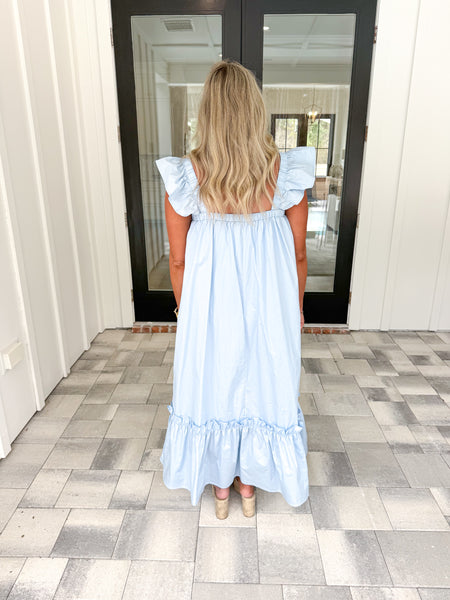 Blue Ruffle Sleeve Midi