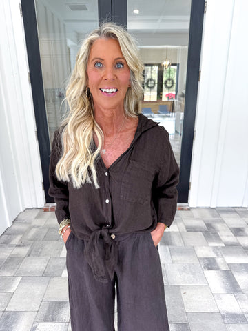 Chocolate Linen Button Top