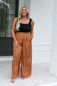 Camel Satin Wide Leg Pants