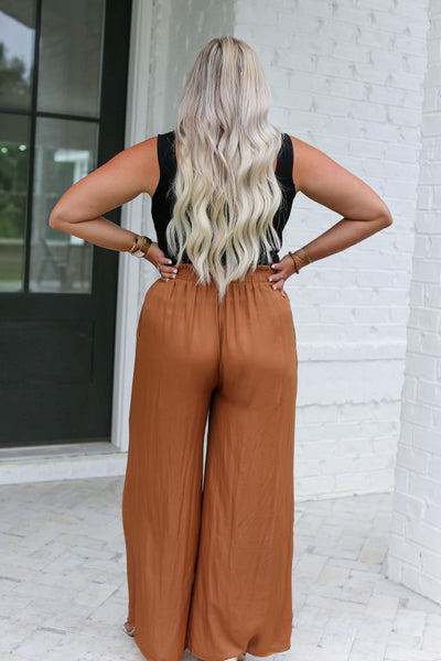 Camel Satin Wide Leg Pants