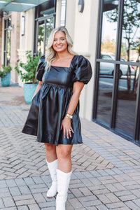 Faux Leather Puff Sleeve Dress