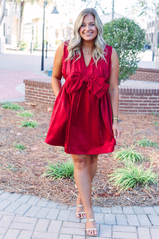 Red Metallic Bow Front Dress