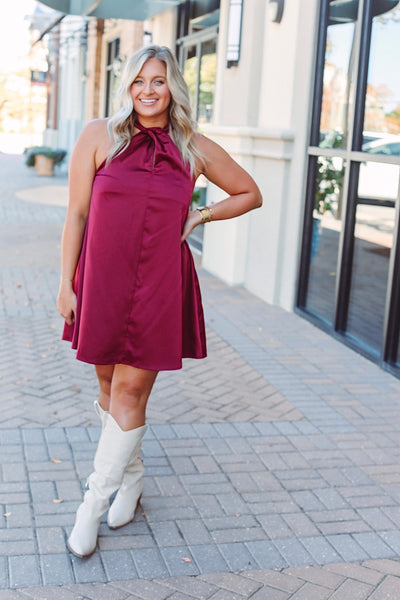 Burgundy Pleated Halter Dress