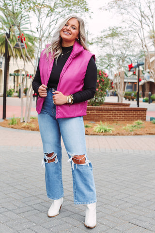 Magenta Faux Leather Puffer